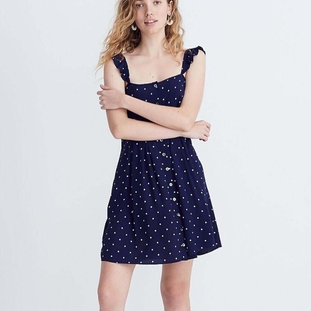 Madewell Women's Sz 2 Ruffle Strap Button Front Polka Dot Sundress Summer Resort